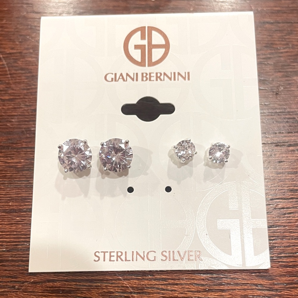 Giani Bernini Sterling Silver Cubic Zirconium Earrings Set of 2. 1/4” + 1/8” NWT